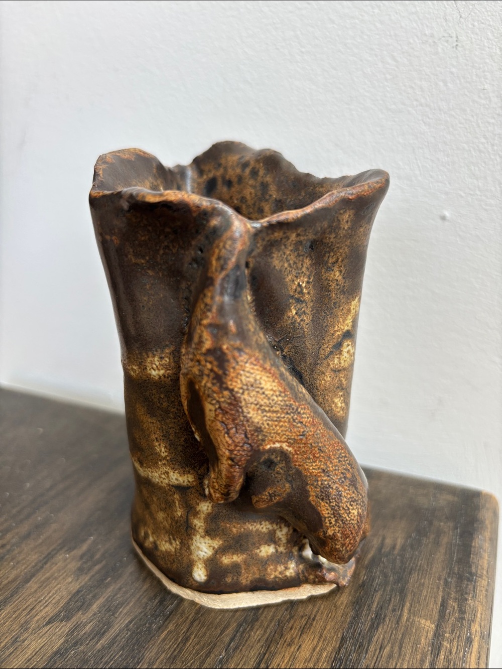 Brutalist? pottery vase, irregular shape, indents, creature on the side?